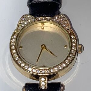 Jessica Carlyle Women's Gold Tone Black Band Cat Rhinestone Bezel Quartz Watch